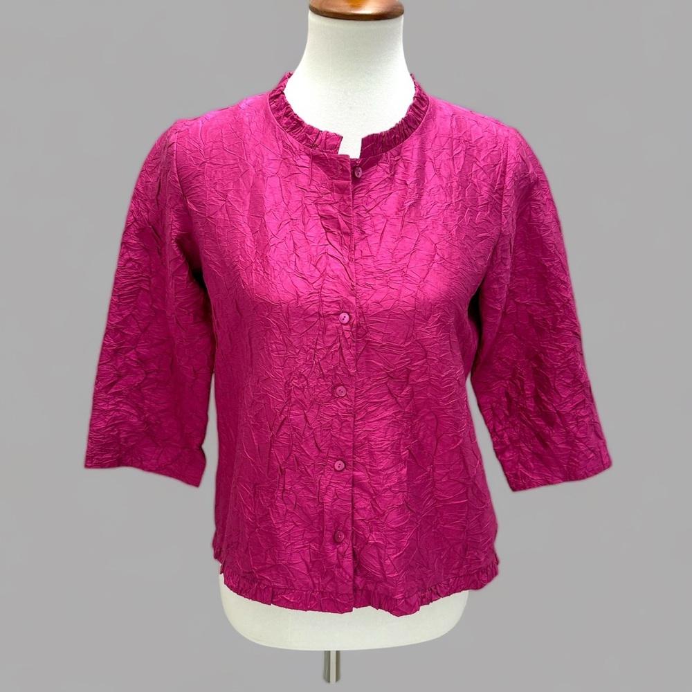🥳HP!🔥Eileen Fisher Crushed Silk Dupioni Blouse Fuchsia Pink Petite Small